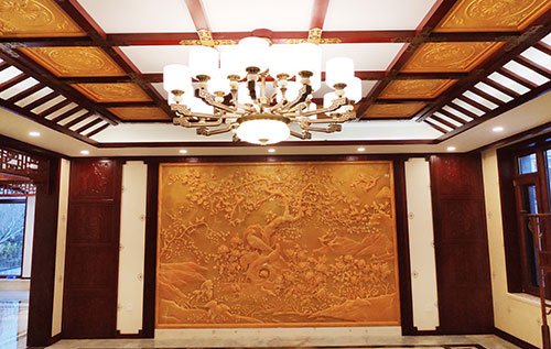 井陉矿中式别墅客厅中式木作横梁吊顶装饰展示